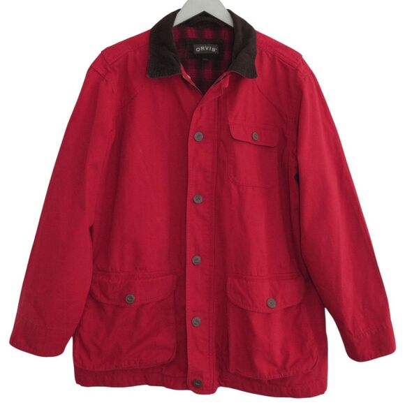 Vintage Orvis Field Jacket Mens L Red Brown Cord Trim Chore Barn Flannel Lined - Picture 5 of 8